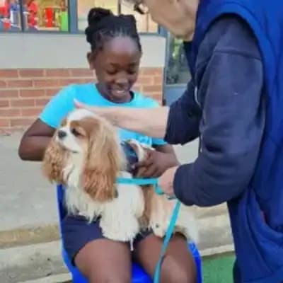 Angel Paws Therapy dog interacting with a learner